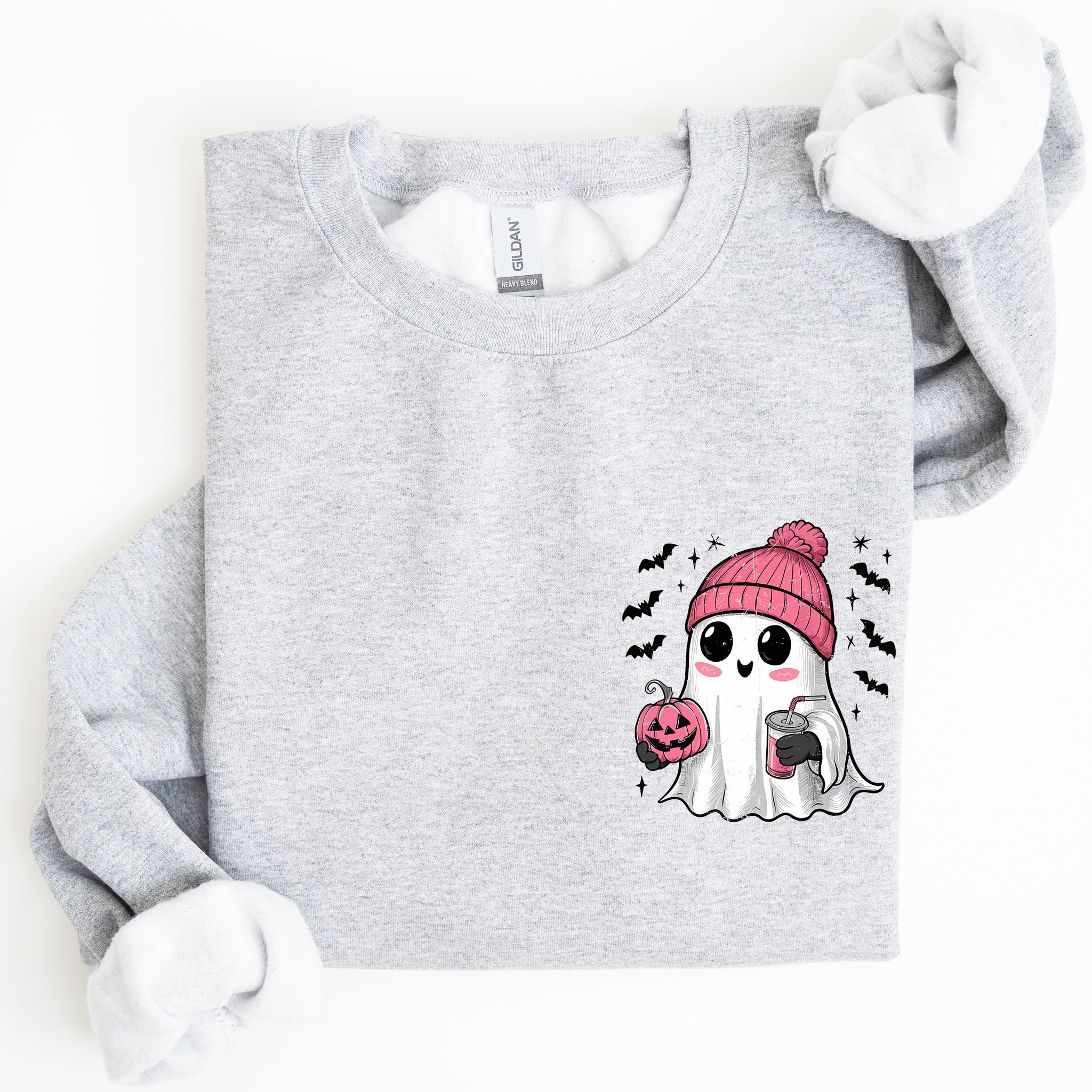 Cute Pink Ghost, Pocket Print, Halloween, Coffee, Bats Sweatshirt