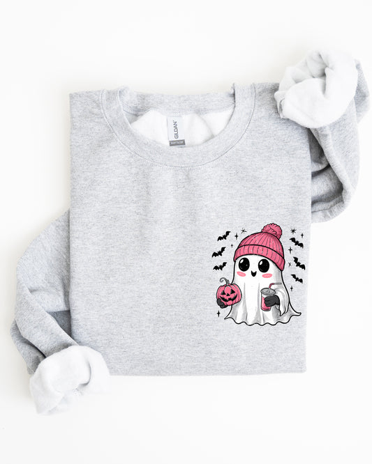 Cute Pink Ghost, Pocket Print, Halloween, Coffee, Bats Sweatshirt