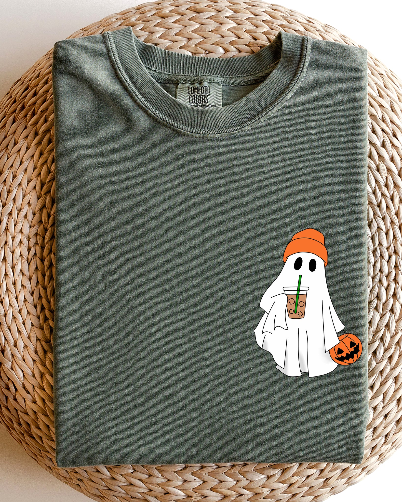 Cute Skater Ghost, Pocket Print, Halloween, Coffee, Trick or Treat Shirt Comfort Colors T-Shirt