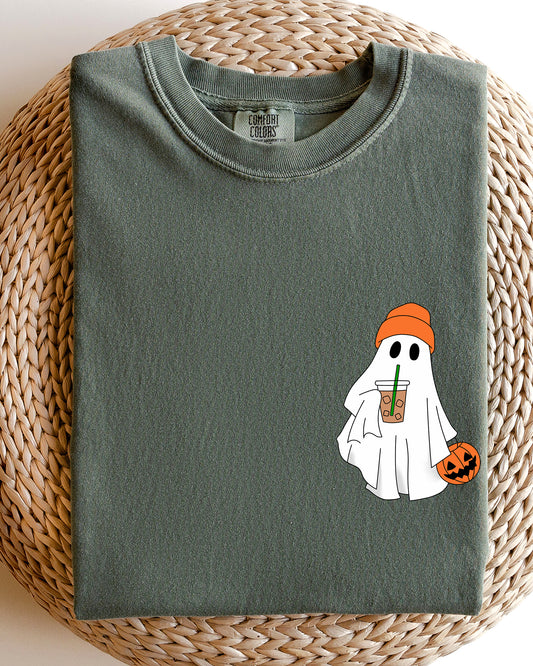 Cute Skater Ghost, Pocket Print, Halloween, Coffee, Trick or Treat Shirt