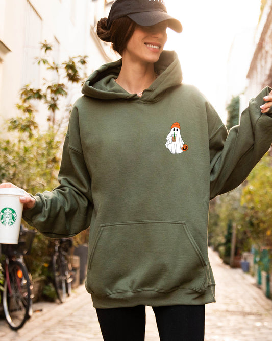 Cute Skater Ghost, Pocket Print, Halloween, Coffee, Trick or Treat Hooded Sweatshirt