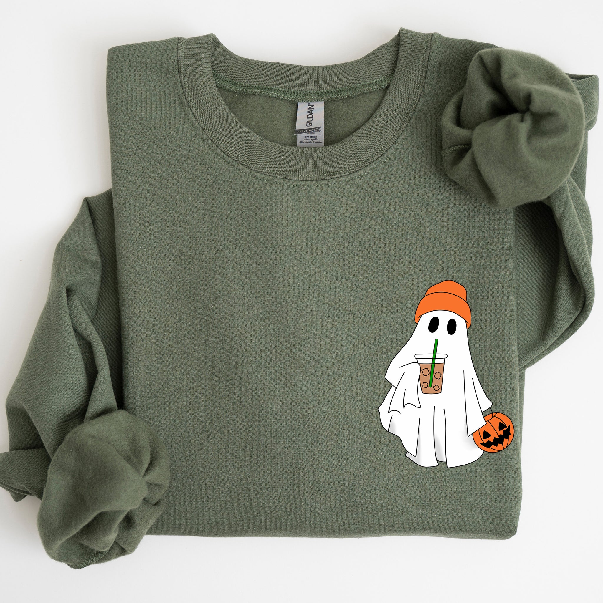 Cute Skater Ghost, Pocket Print, Halloween, Coffee, Trick or Treat Sweatshirt