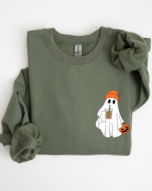 Cute Skater Ghost, Pocket Print, Halloween, Coffee, Trick or Treat Sweatshirt