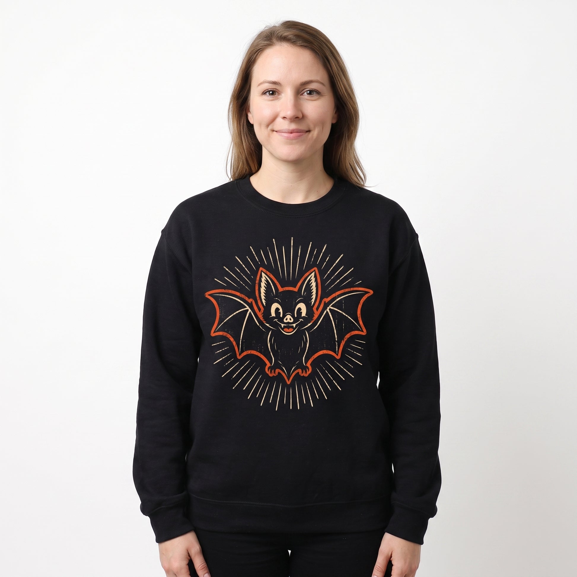Model wearing the Cute Bat sweatshirt in Black, cover image 1