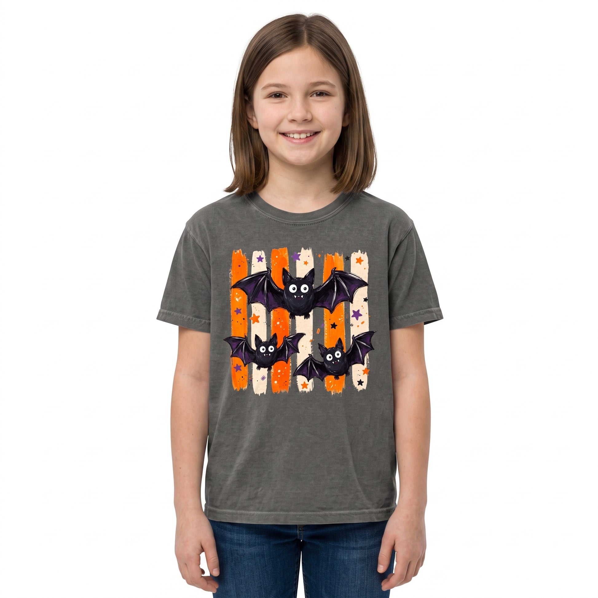 Model wearing the Cute Bats youth comfort colors tee in Pepper, cover image 1