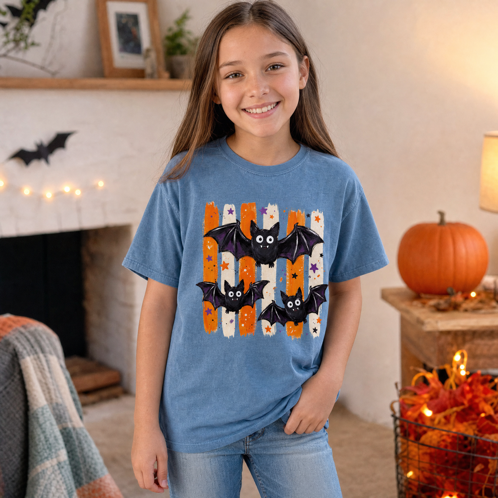 Model wearing the Cute Bats youth comfort colors tee in Blue Jean