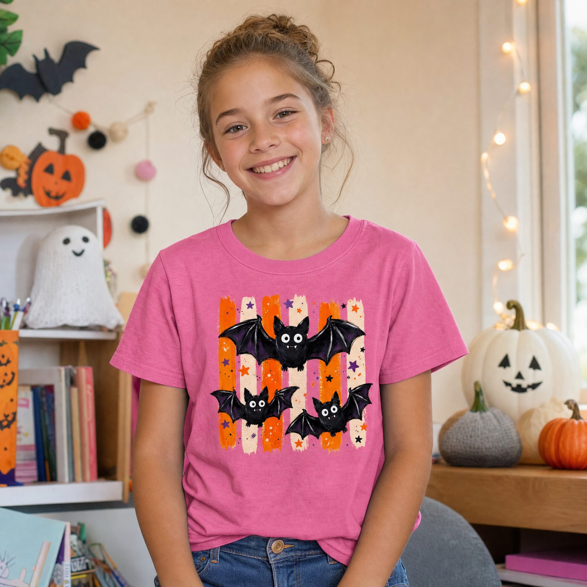Model wearing the Cute Bats youth comfort colors tee in Crunchberry