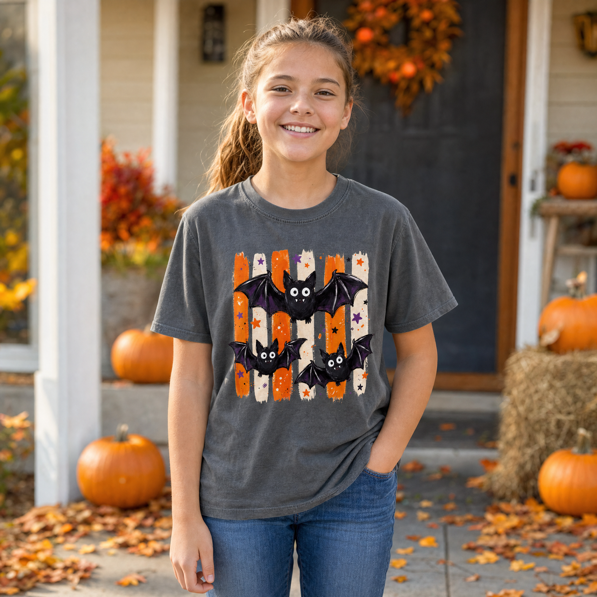 Model wearing the Cute Bats youth comfort colors tee in Pepper, lifestyle image 1