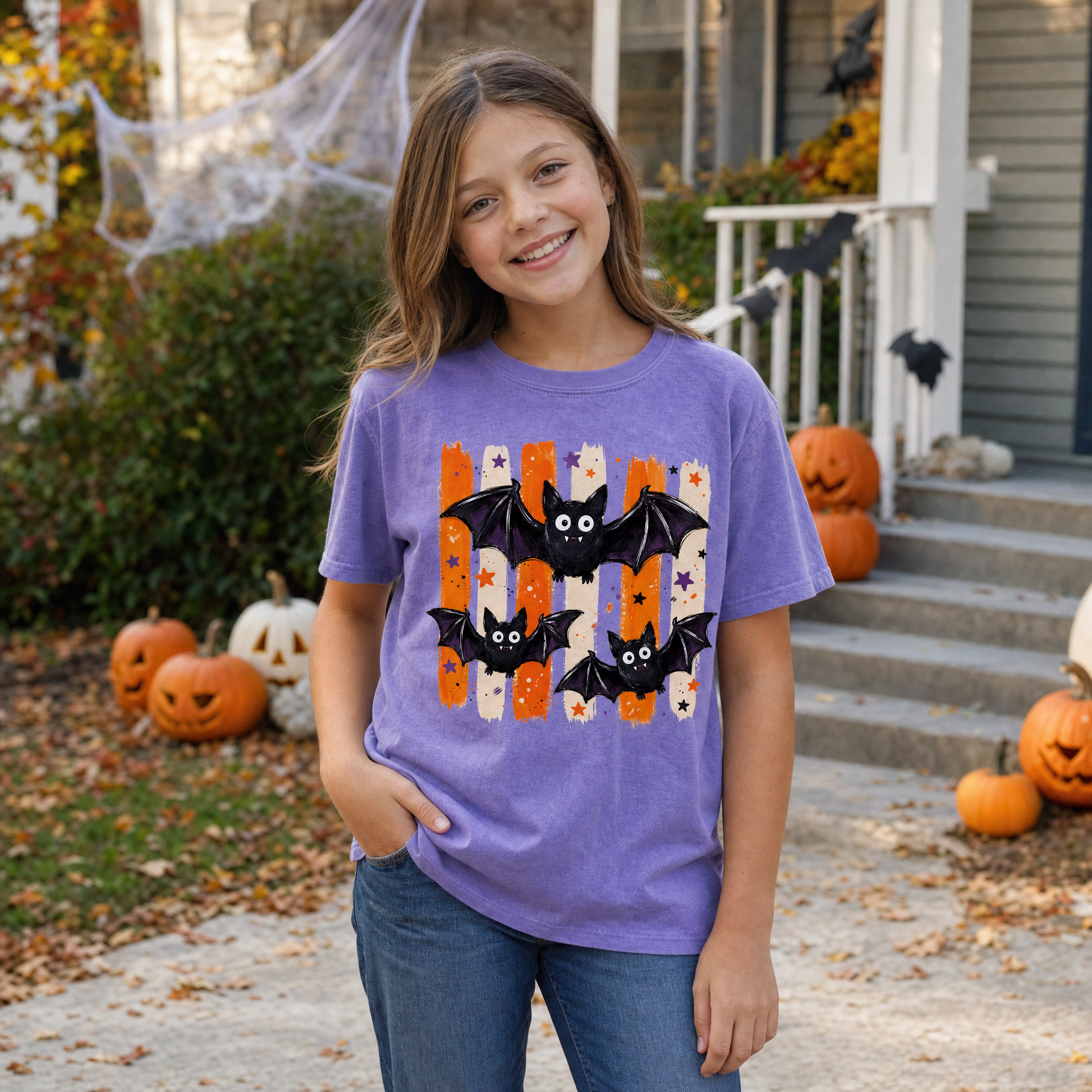 Model wearing the Cute Bats youth comfort colors tee in Violet