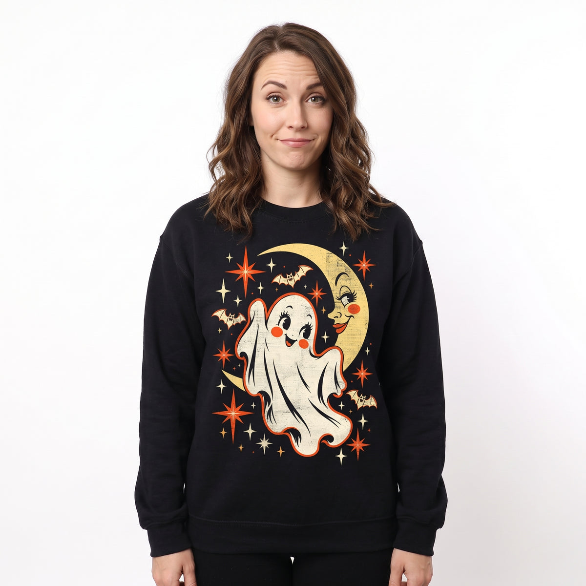 Model wearing the Cute Ghost sweatshirt in Black, cover image 1