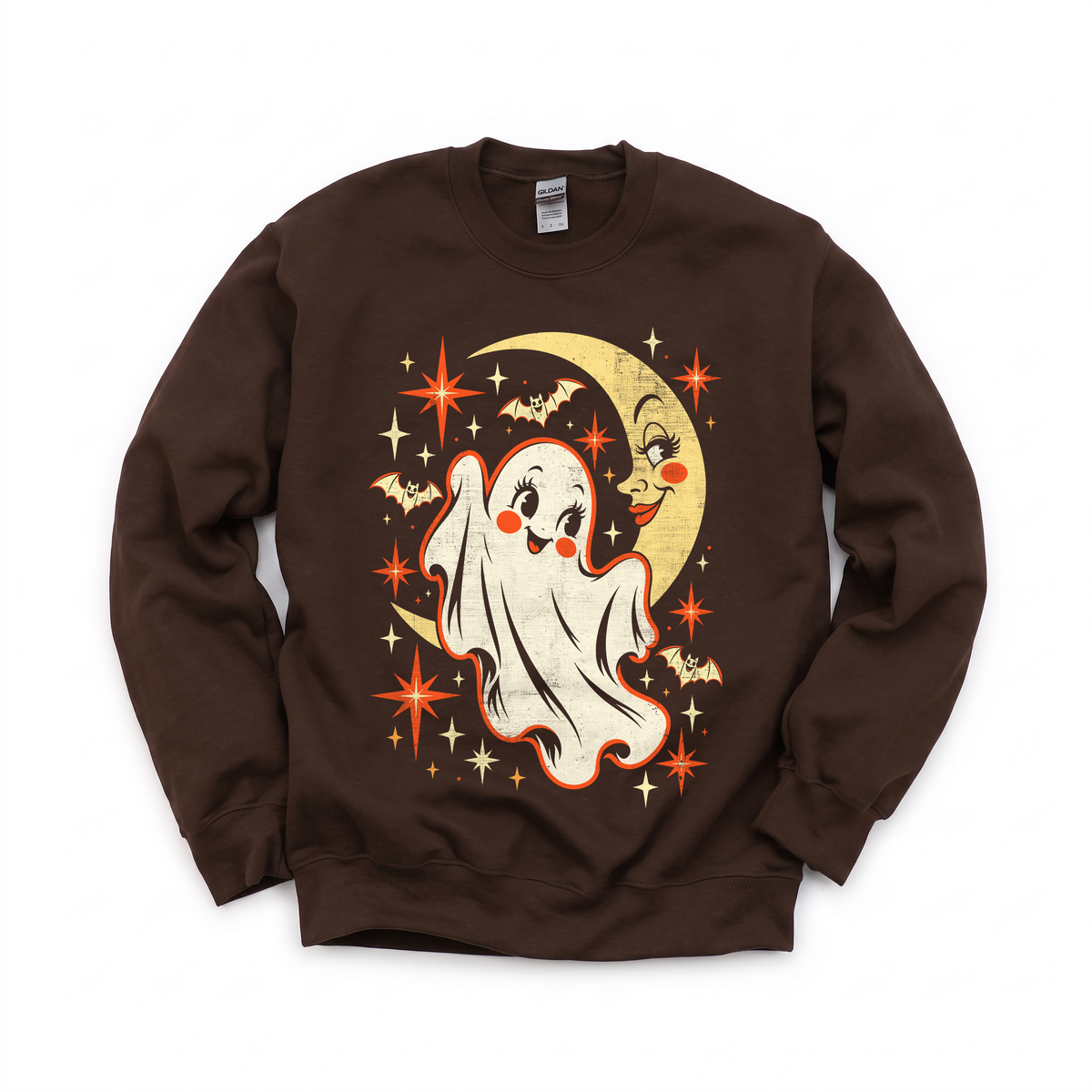 Cute Ghost graphic on Gildan 18000 in Dark Chocolate