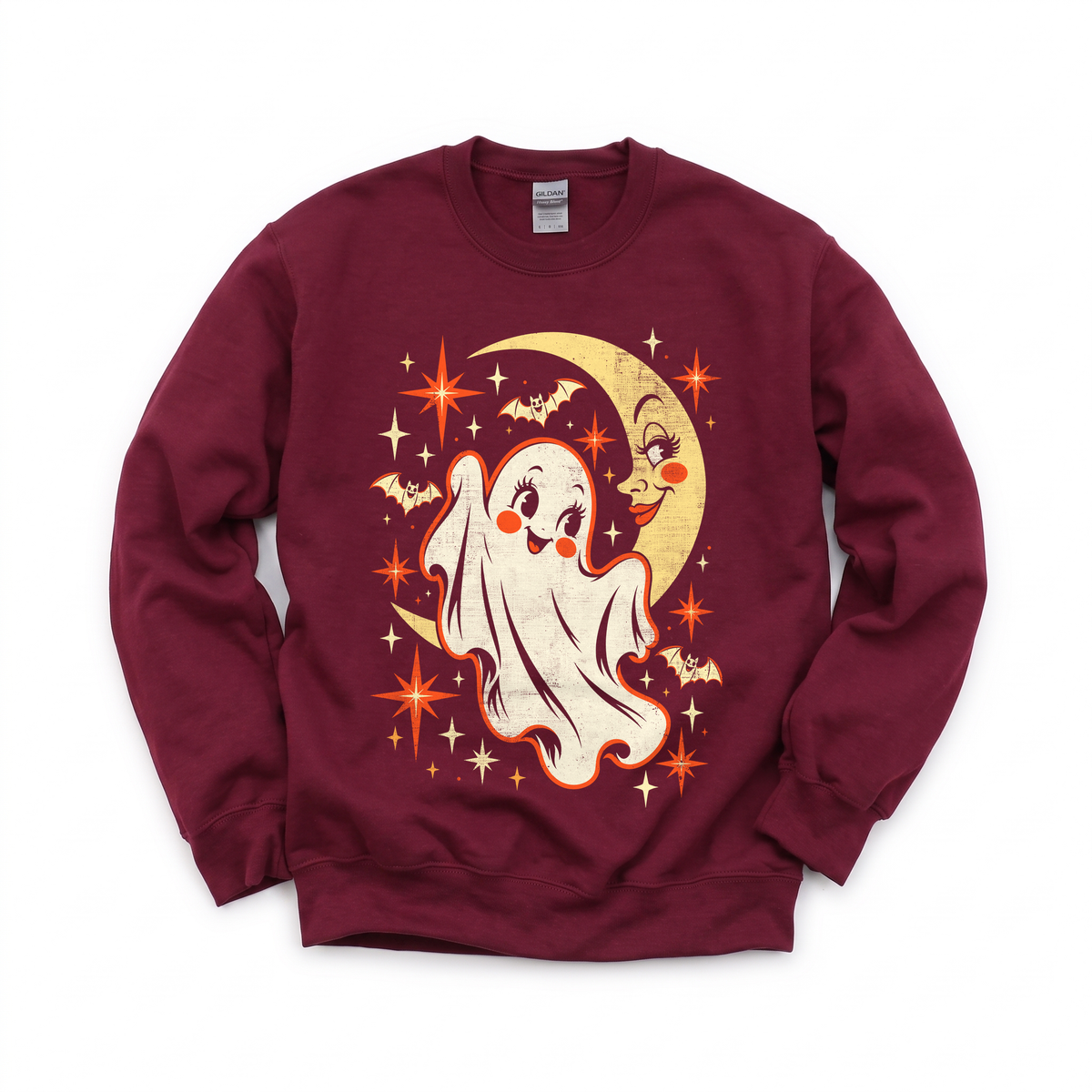 Cute Ghost graphic on Gildan 18000 in Maroon