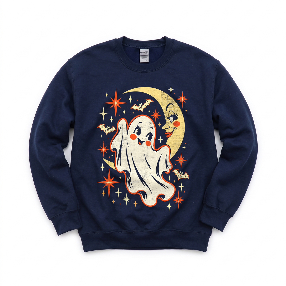Cute Ghost graphic on Gildan 18000 in Navy