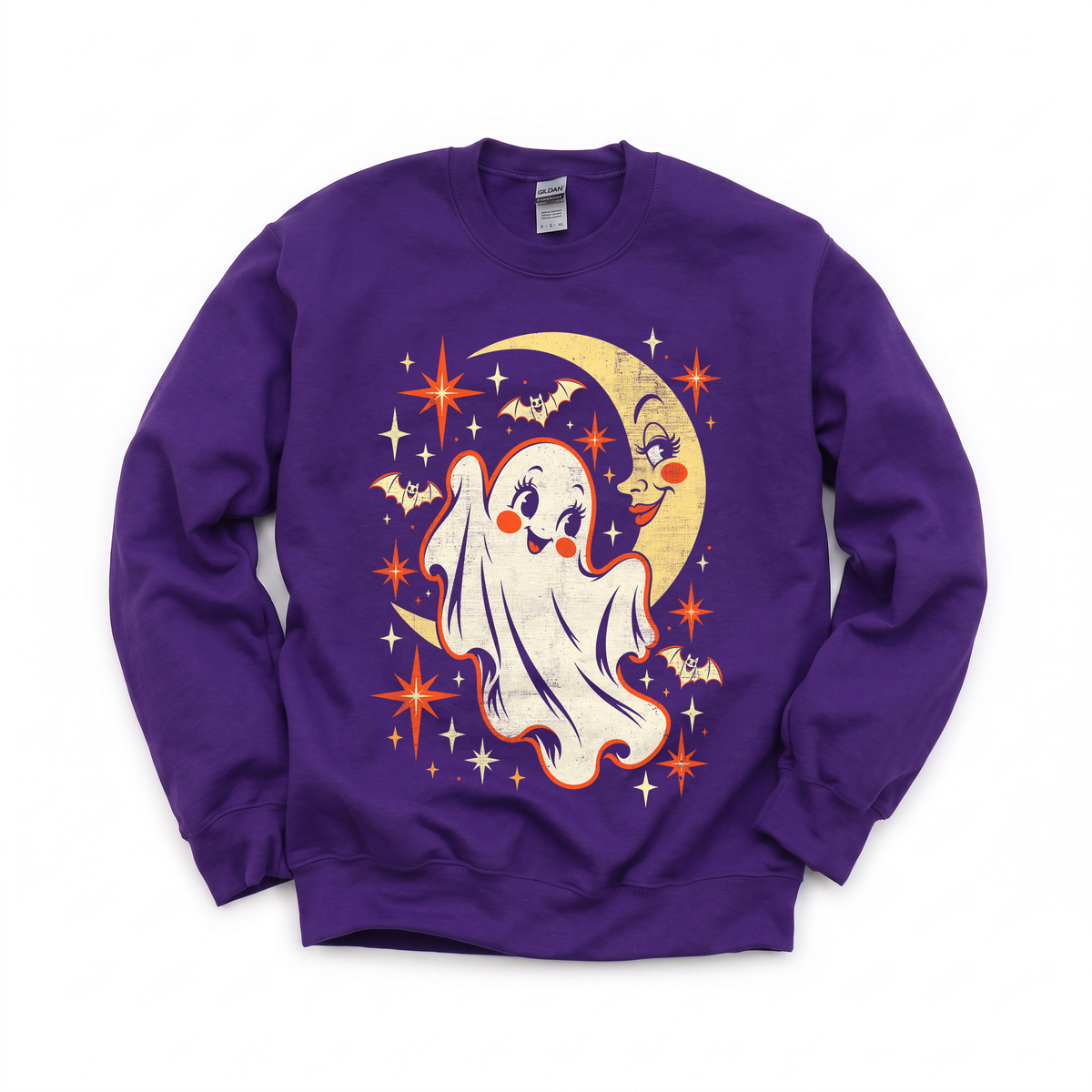 Cute Ghost graphic on Gildan 18000 in Purple