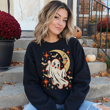 Model wearing the Cute Ghost sweatshirt in Black, lifestyle image 1