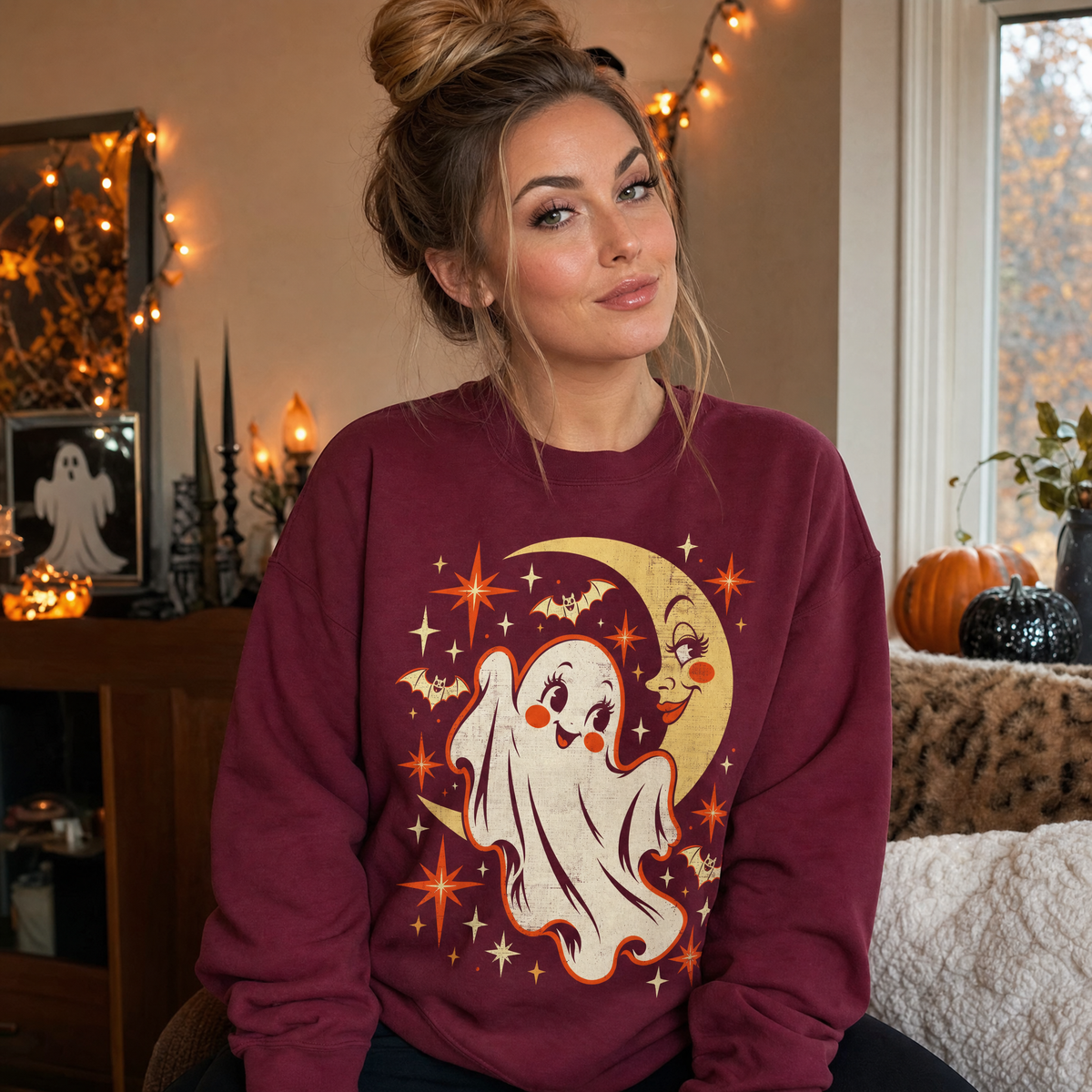 Model wearing the Cute Ghost sweatshirt in Maroon