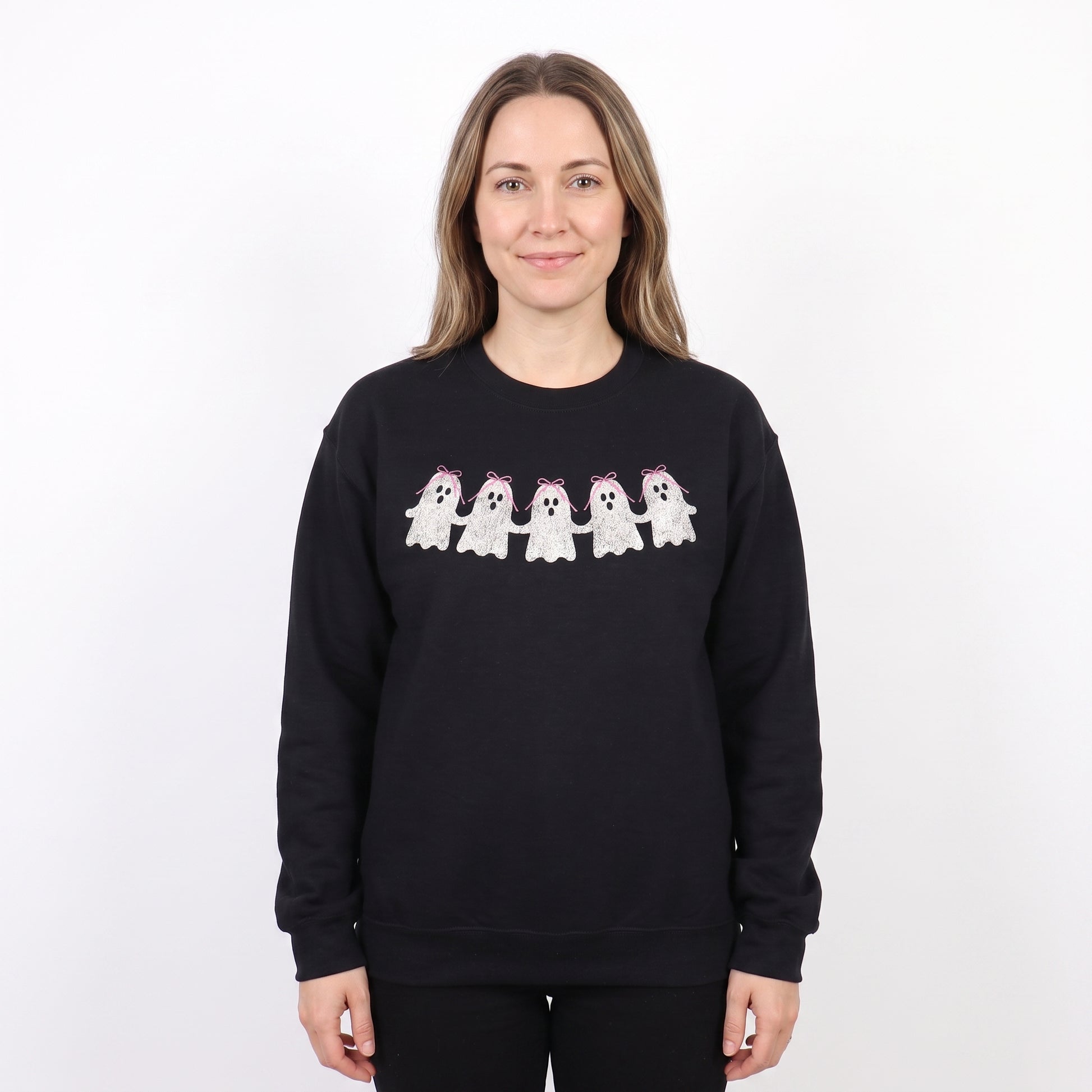 Model wearing the Cute Ghosts sweatshirt in Black, cover image 1
