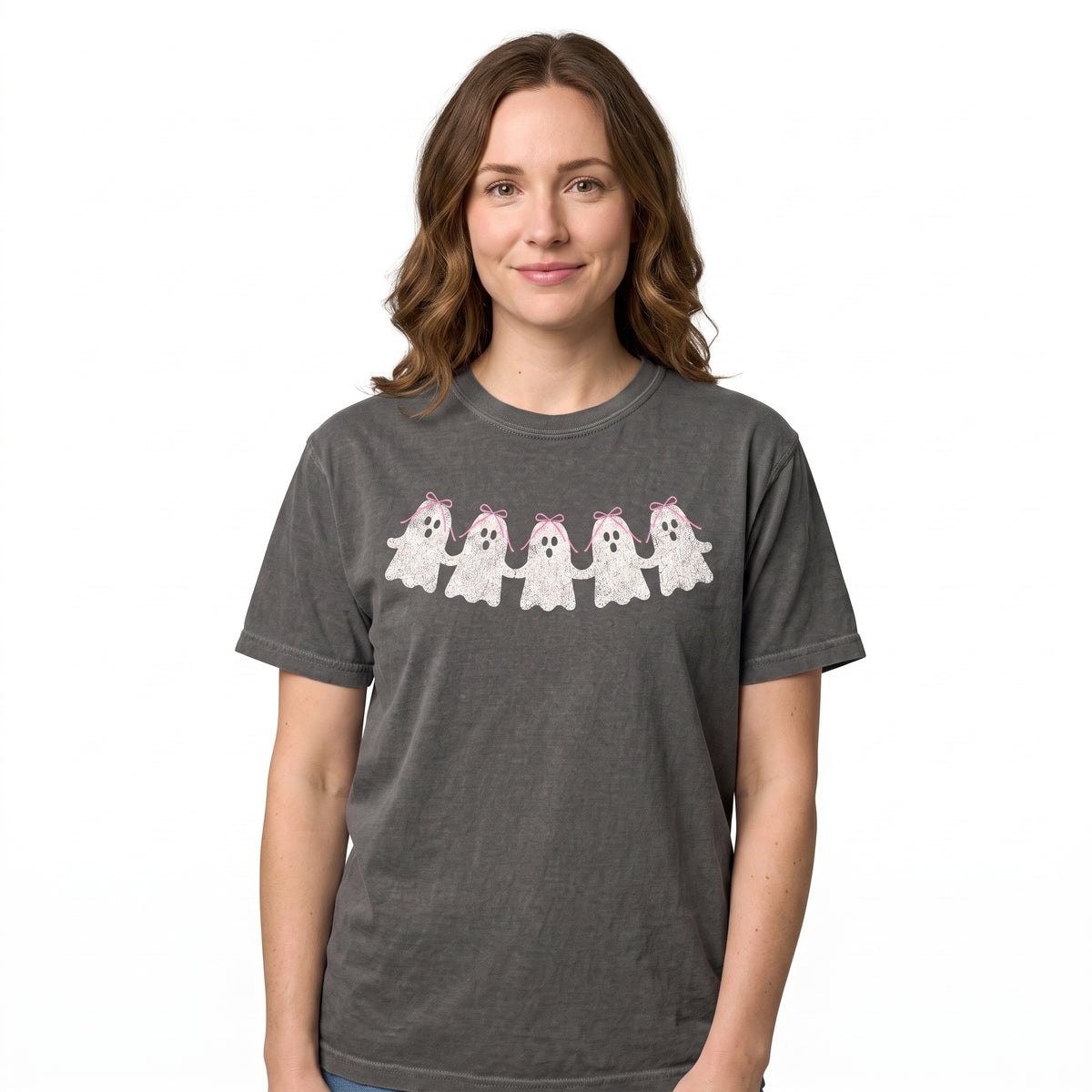 Model wearing the Cute Ghosts comfort colors tee in Pepper, cover image 1
