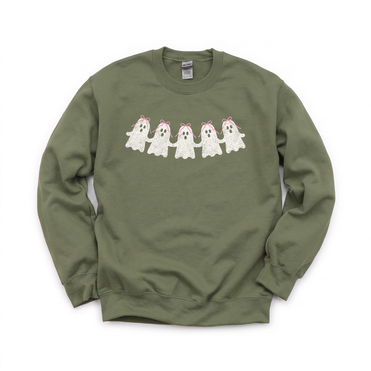 Cute Ghosts graphic on Gildan 18000 in Military Green