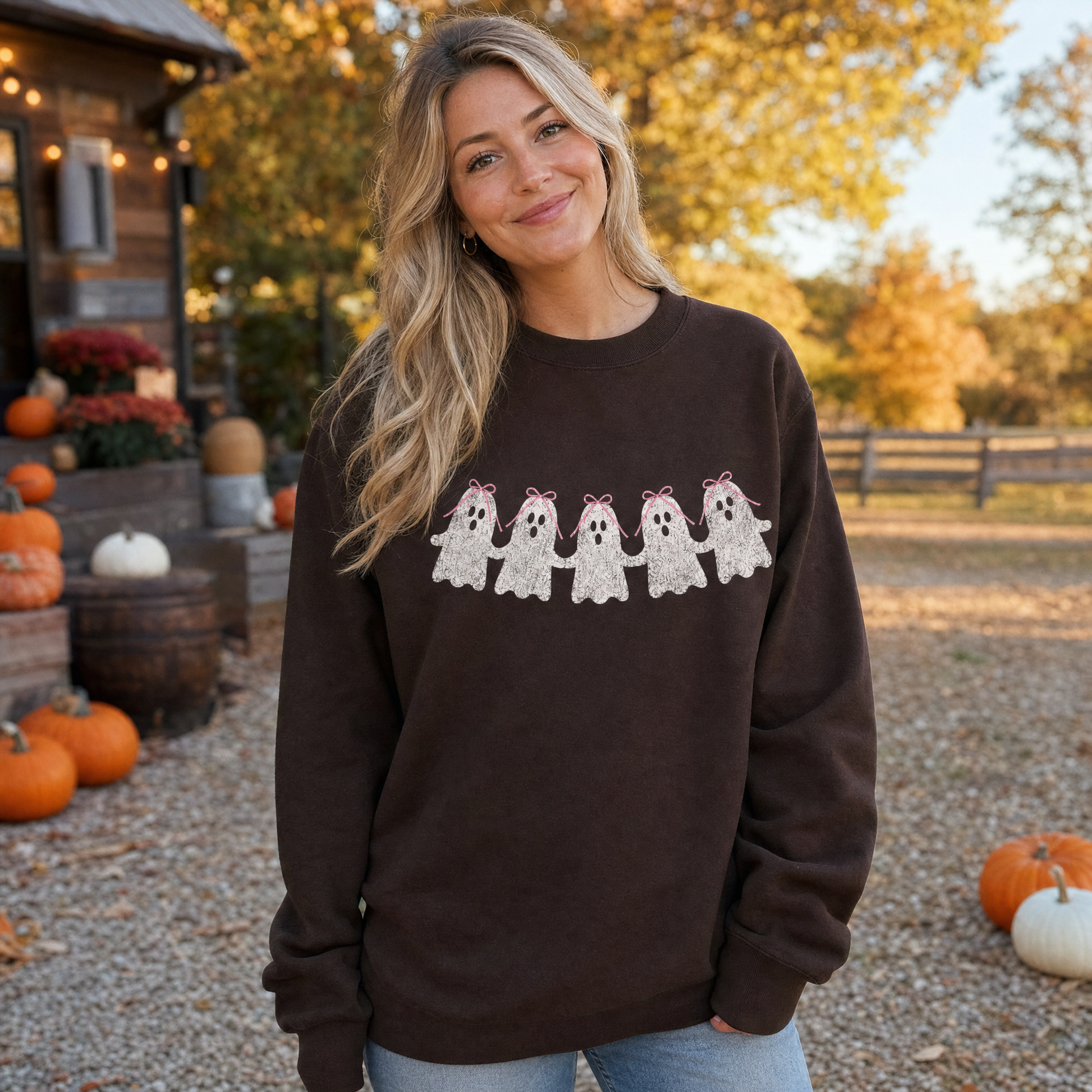 Model wearing the Cute Ghosts sweatshirt in Dark Chocolate