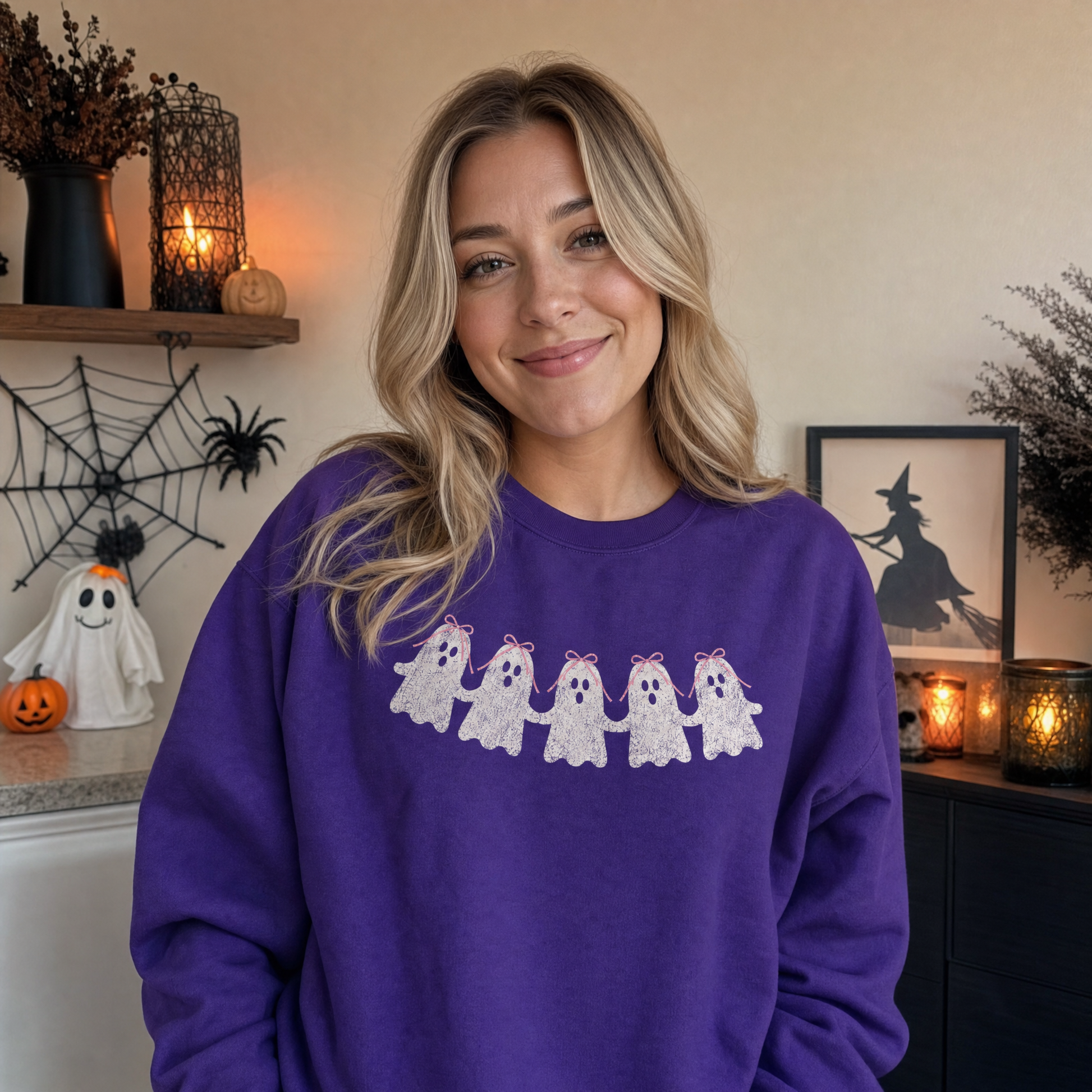 Model wearing the Cute Ghosts sweatshirt in Purple