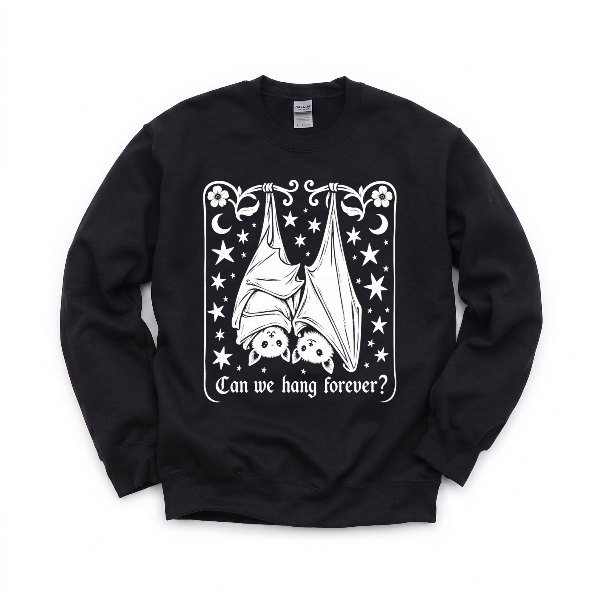 Cute Hanging Bats graphic on Gildan 18000 in Black