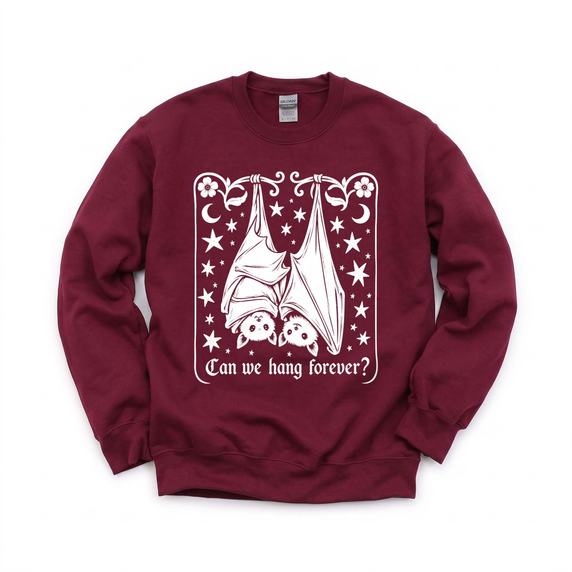 Cute Hanging Bats graphic on Gildan 18000 in Maroon