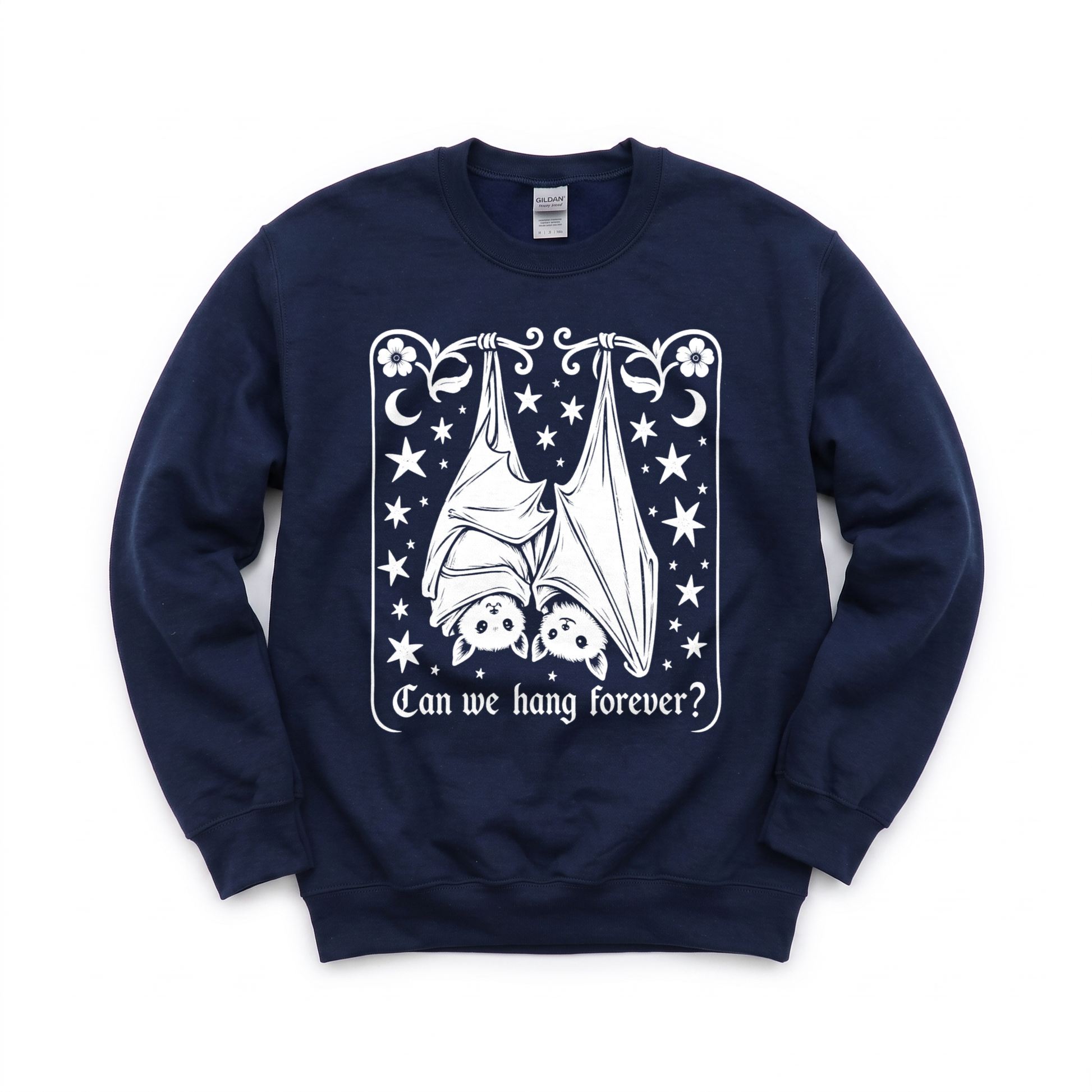 Cute Hanging Bats graphic on Gildan 18000 in Navy