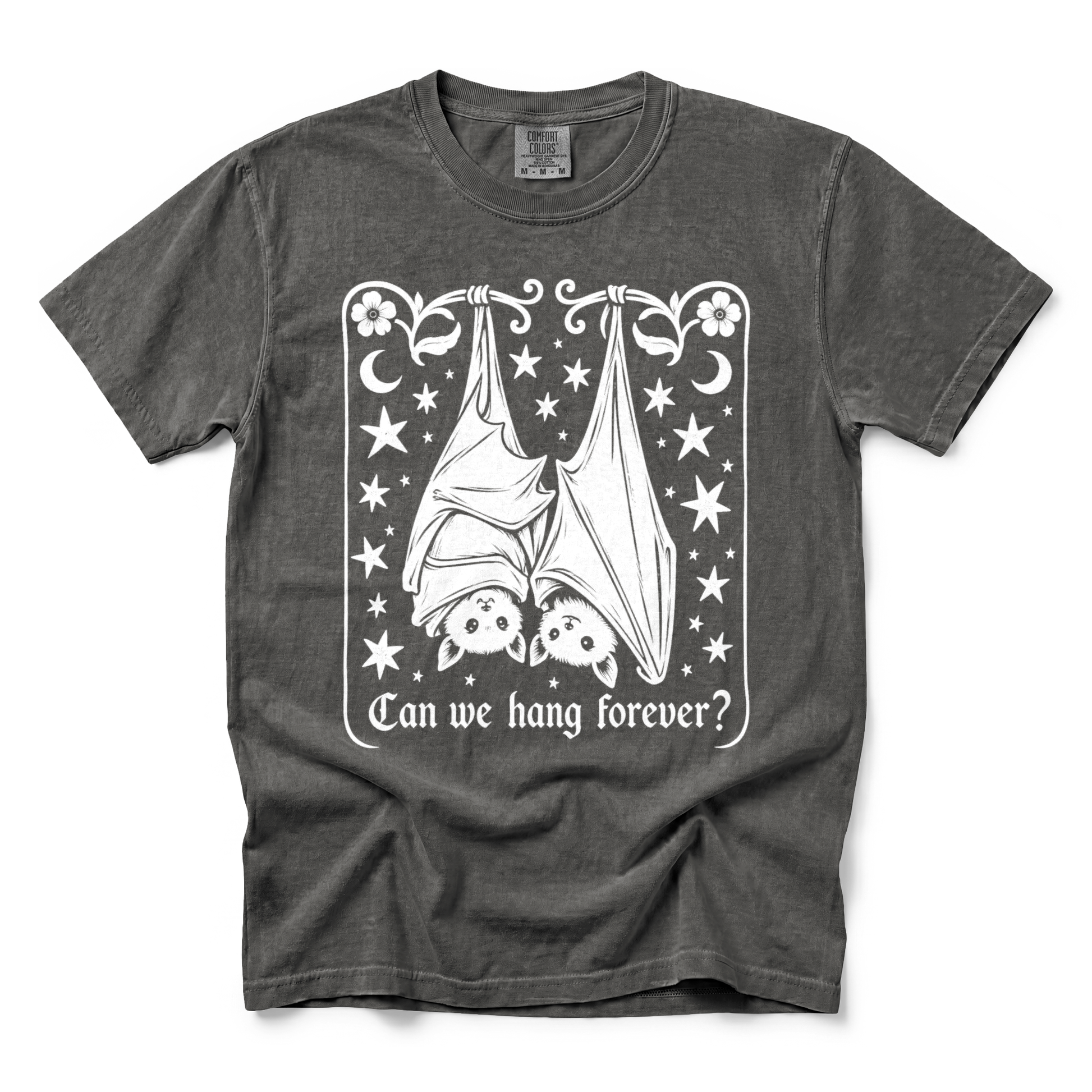 Cute Hanging Bats graphic on Comfort Colors 1717 in Pepper