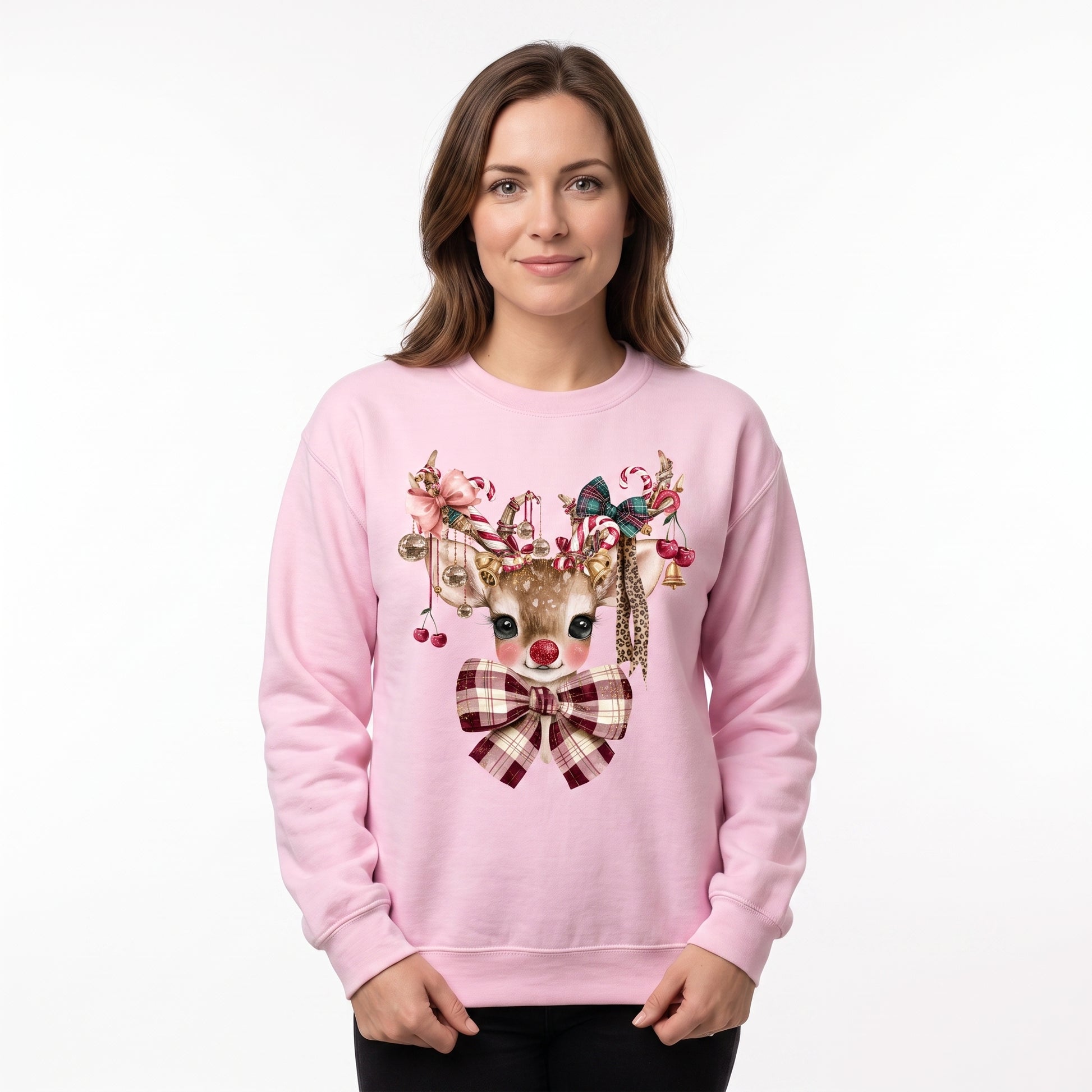Model wearing the Cute Reindeer sweatshirt in Light Pink, cover image 1