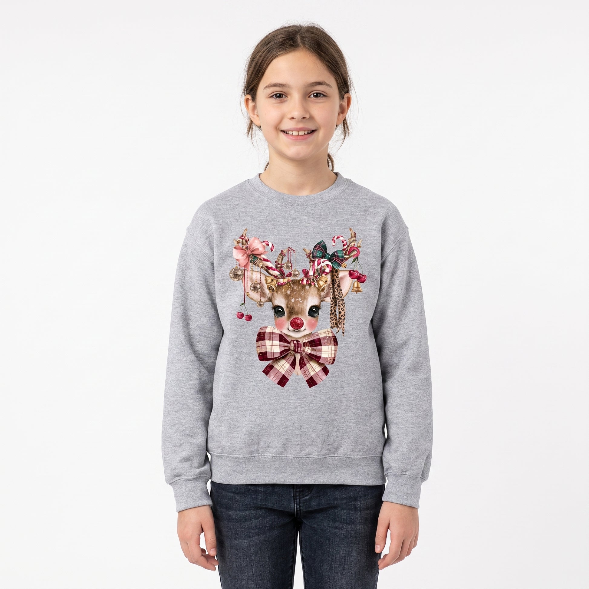 Model wearing the Cute Reindeer youth sweatshirt in Sport Grey, cover image 1
