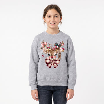 Model wearing the Cute Reindeer youth sweatshirt in Sport Grey, cover image 1