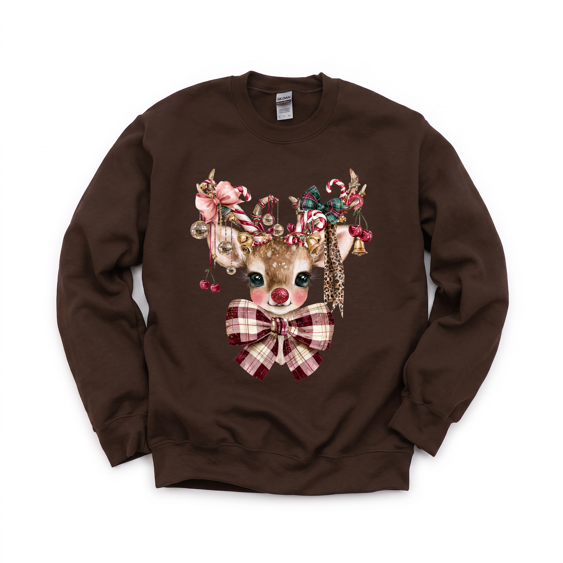 Cute Reindeer graphic on Gildan 18000 in Dark Chocolate