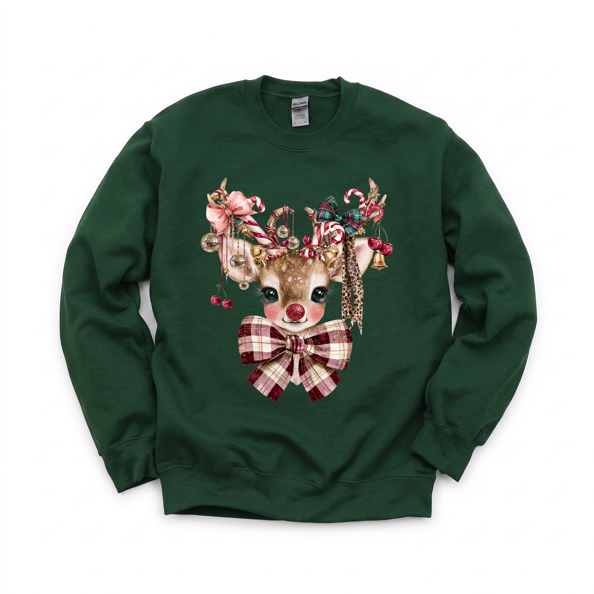 Cute Reindeer graphic on Gildan 18000 in Forest Green