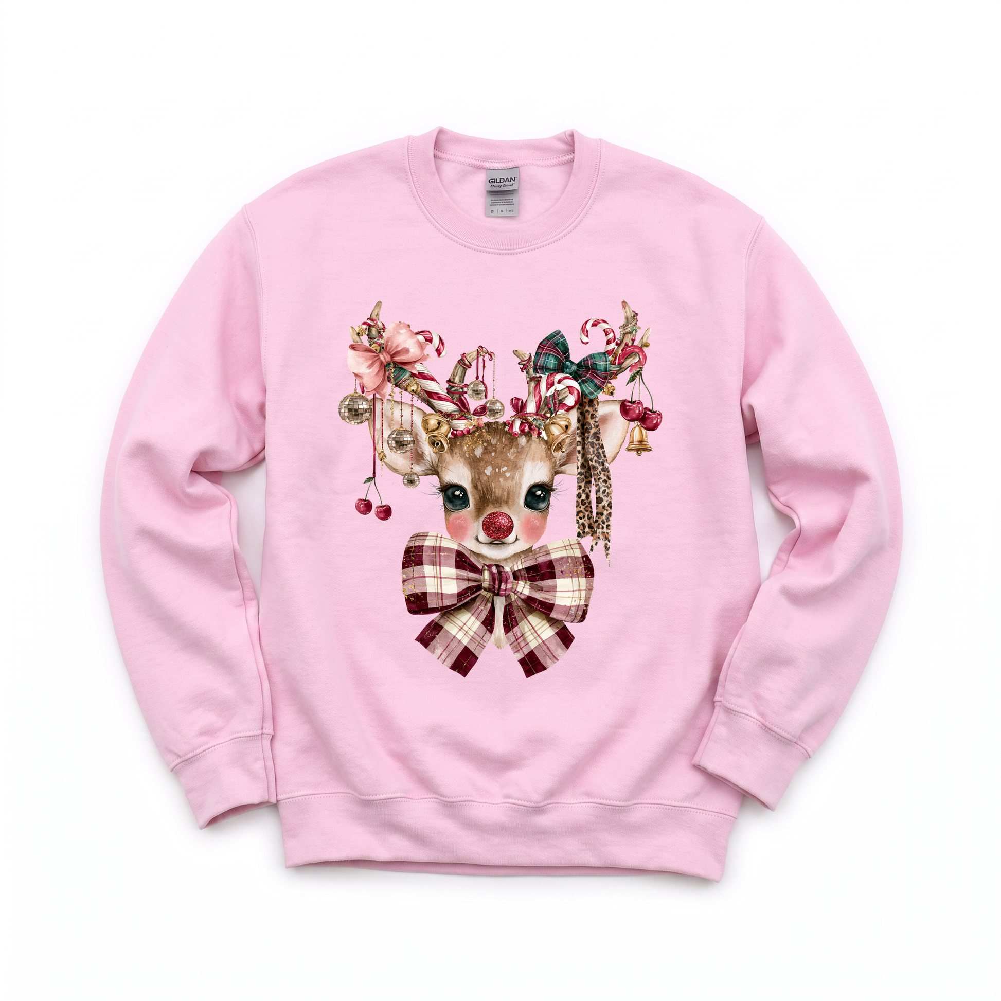 Cute Reindeer graphic on Gildan 18000 in Light Pink