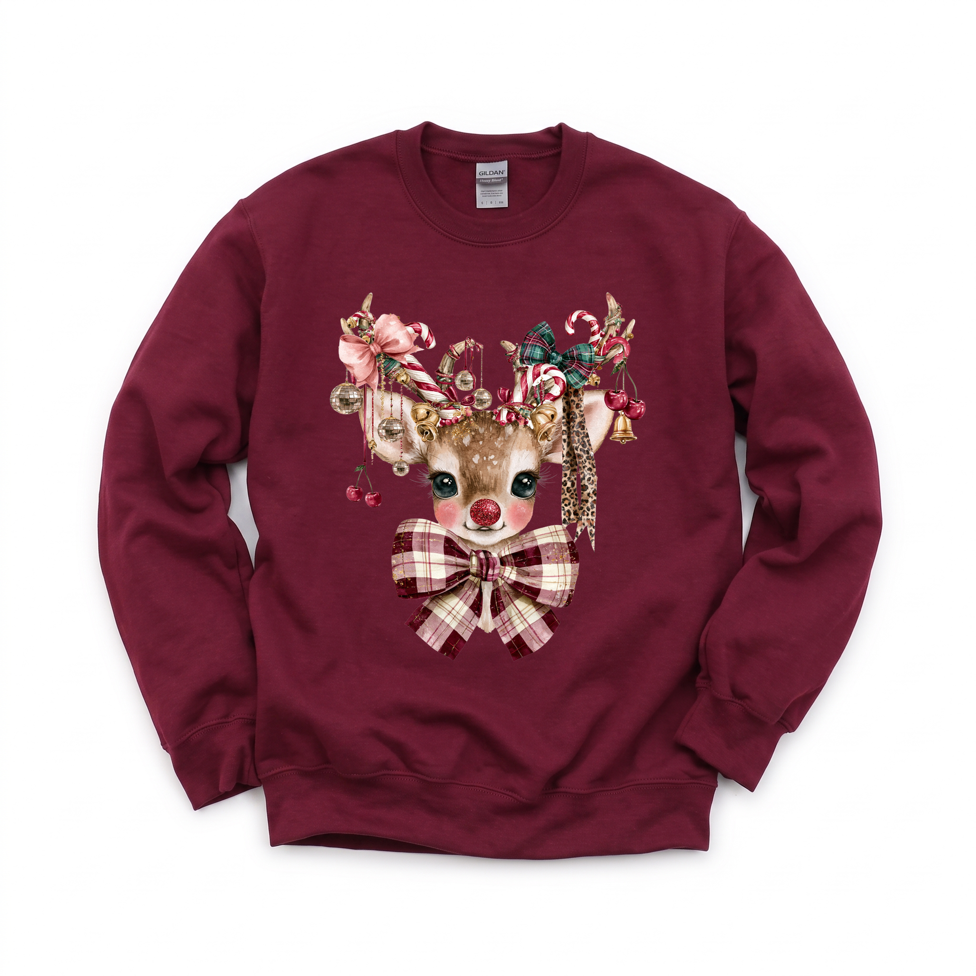 Cute Reindeer graphic on Gildan 18000B Youth Heavy Blend Sweatshirt in Maroon