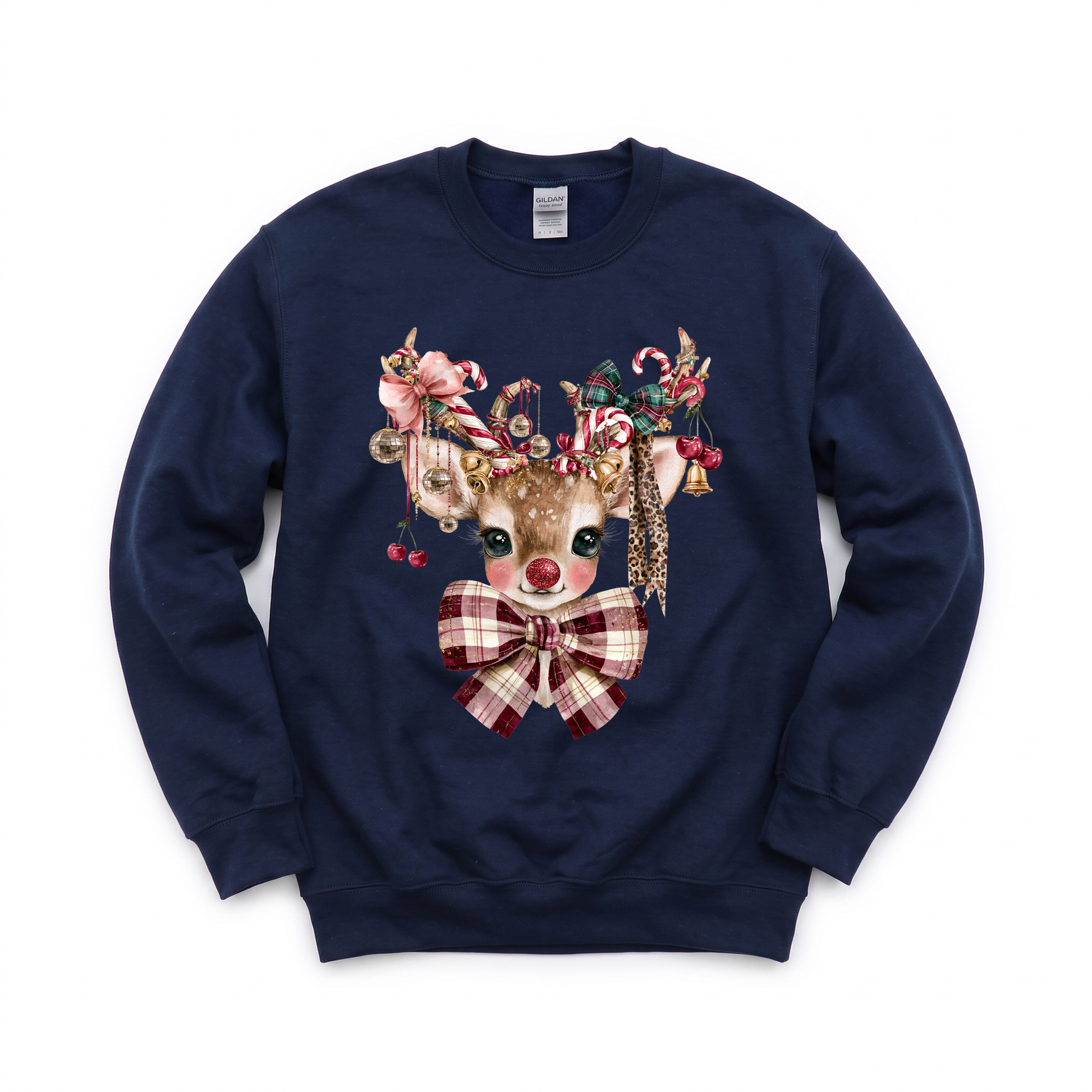 Cute Reindeer graphic on Gildan 18000B Youth Heavy Blend Sweatshirt in Navy