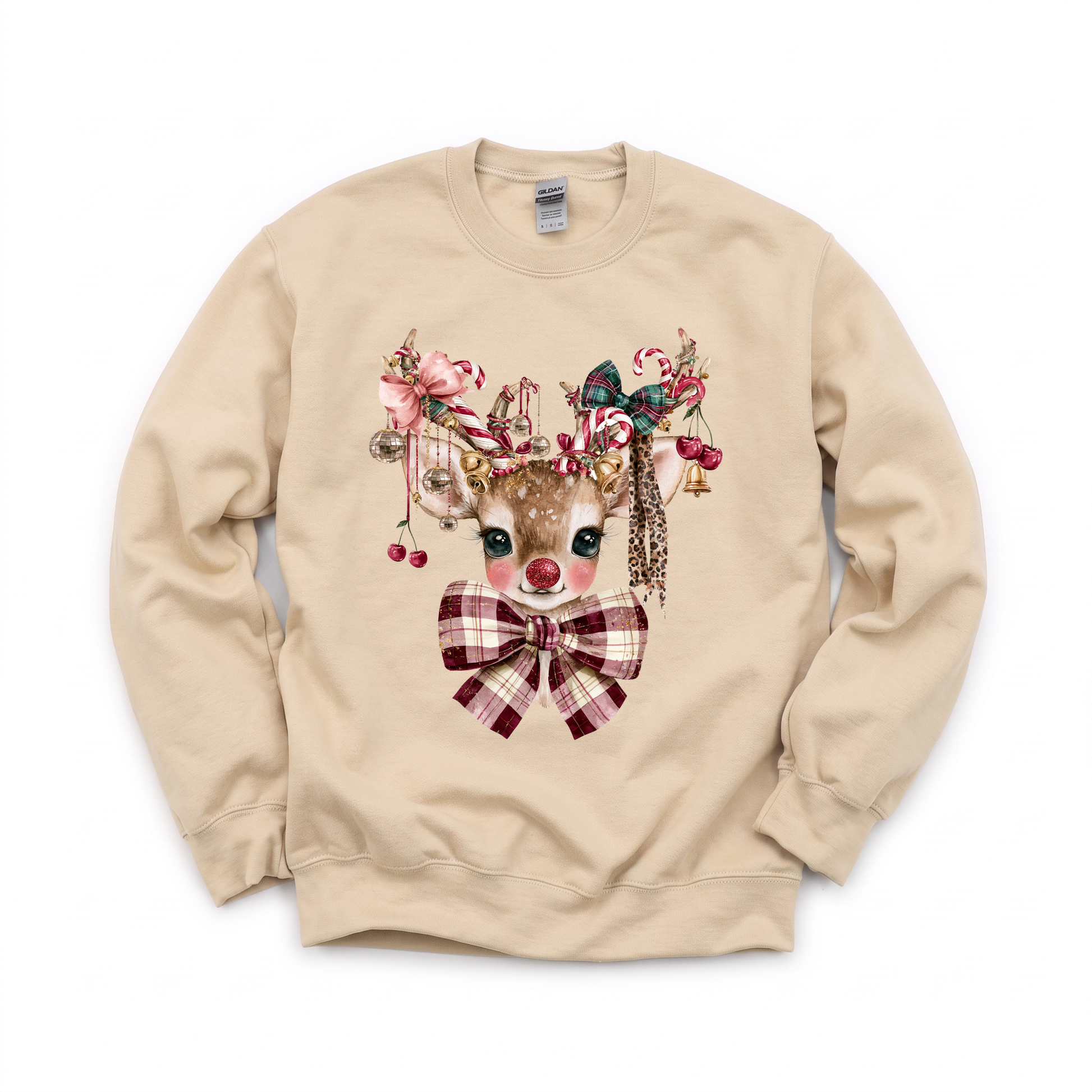 Cute Reindeer graphic on Gildan 18000 in Sand