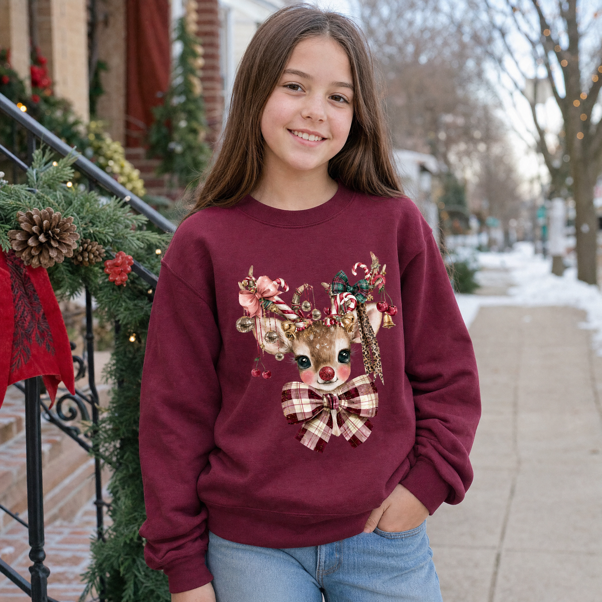 Model wearing the Cute Reindeer youth sweatshirt in Maroon
