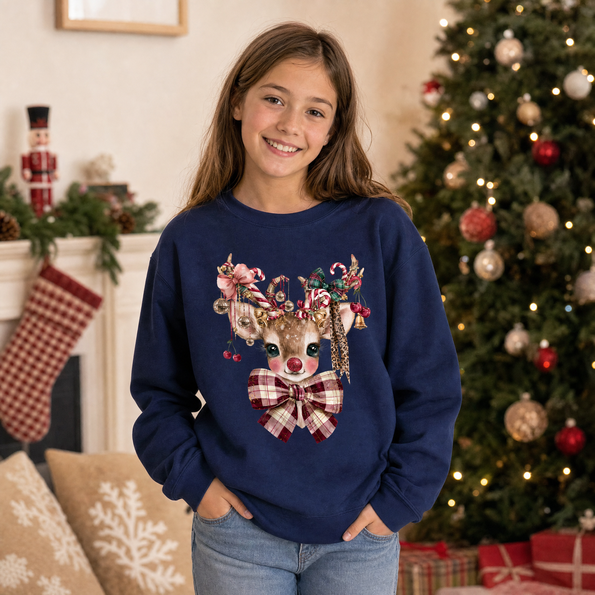 Model wearing the Cute Reindeer youth sweatshirt in Navy