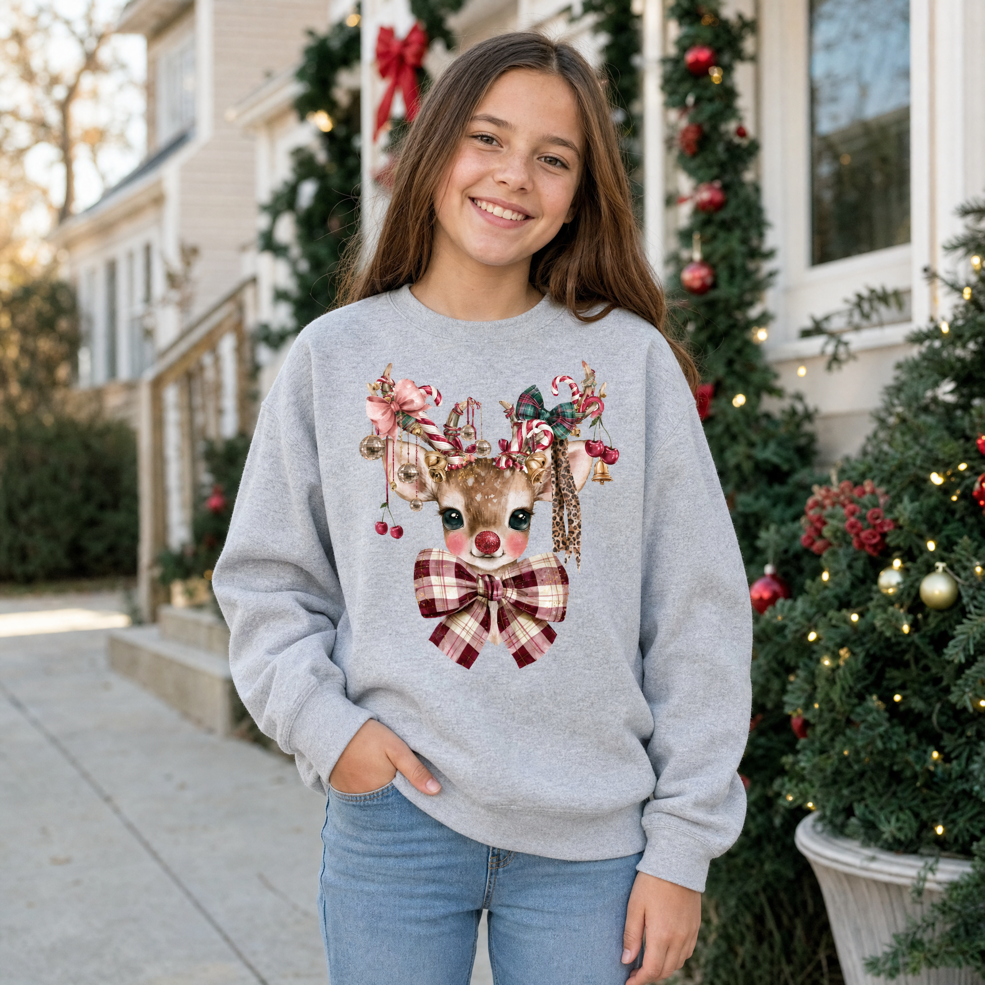 Model wearing the Cute Reindeer youth sweatshirt in Sport Grey, lifestyle image 1