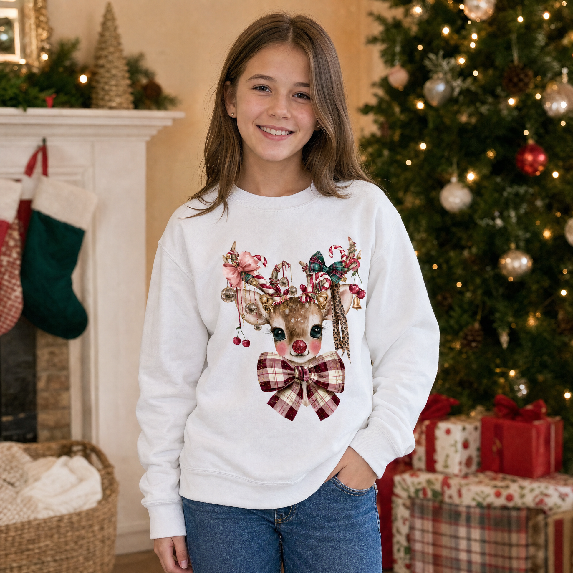 Model wearing the Cute Reindeer youth sweatshirt in White