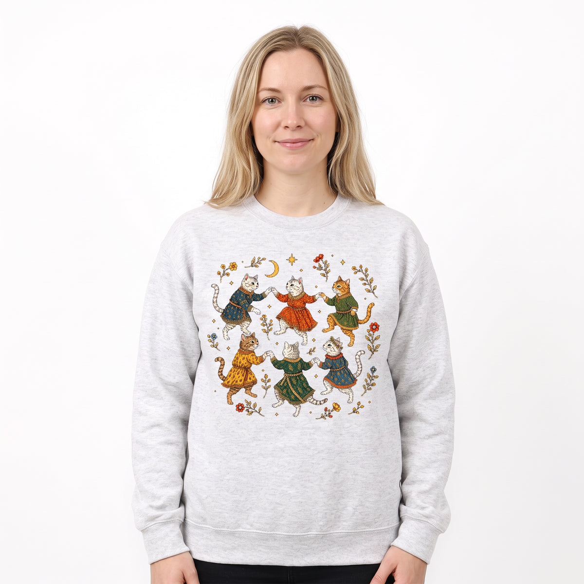 Model wearing the Dancing Medieval Cats sweatshirt in Ash, cover image 1