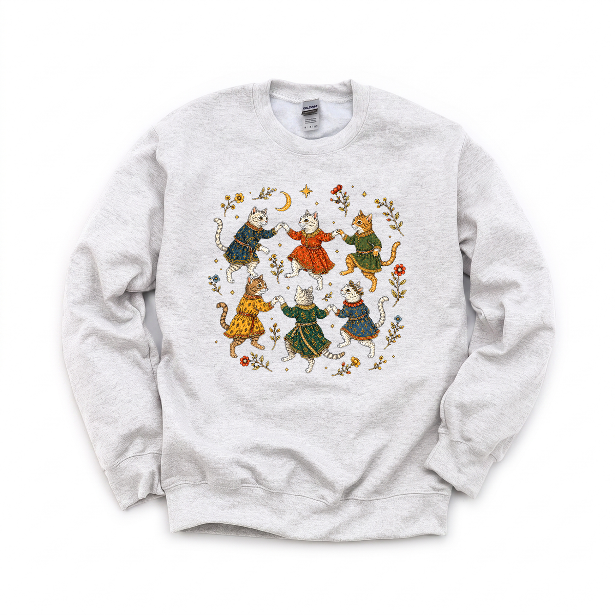 Dancing Medieval Cats graphic on Gildan 18000 in Ash