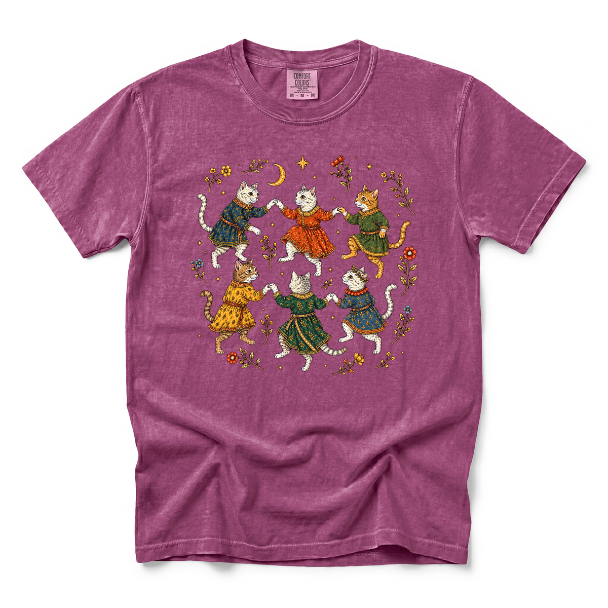 Dancing Medieval Cats graphic on Comfort Colors 1717 in Berry