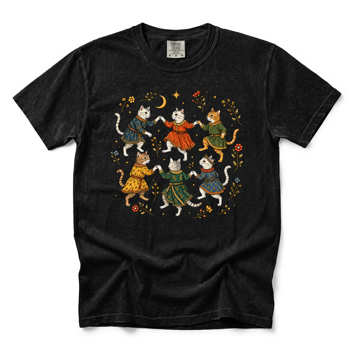 Dancing Medieval Cats graphic on Comfort Colors 1717 in Black