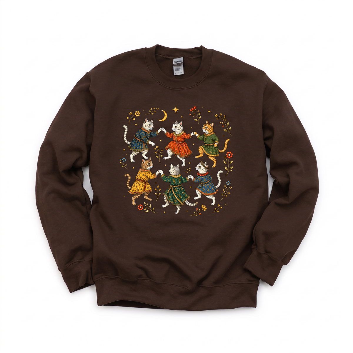 Dancing Medieval Cats graphic on Gildan 18000 in Dark Chocolate