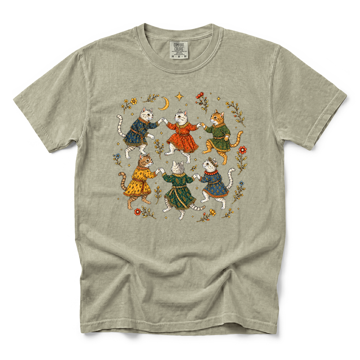 Dancing Medieval Cats graphic on Comfort Colors 1717 in Khaki