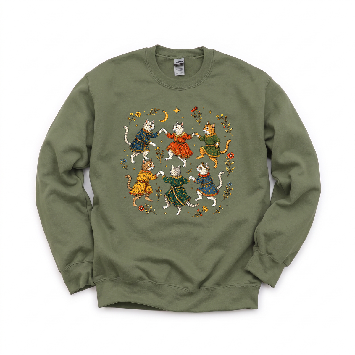 Dancing Medieval Cats graphic on Gildan 18000 in Military Green