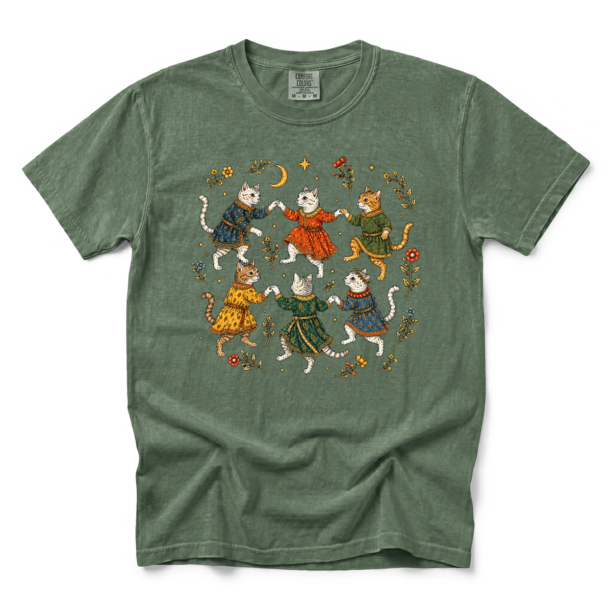 Dancing Medieval Cats graphic on Comfort Colors 1717 in Moss